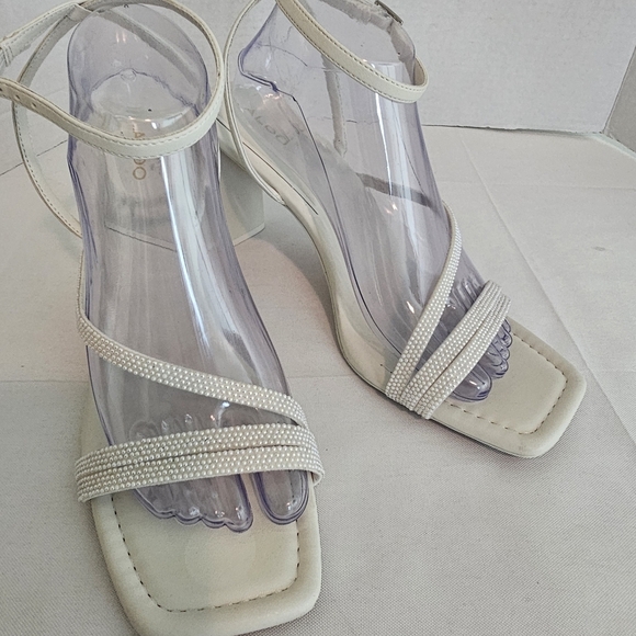 Aldo Square Toe White Pearl Embellished Strappy Heels - Picture 3 of 12